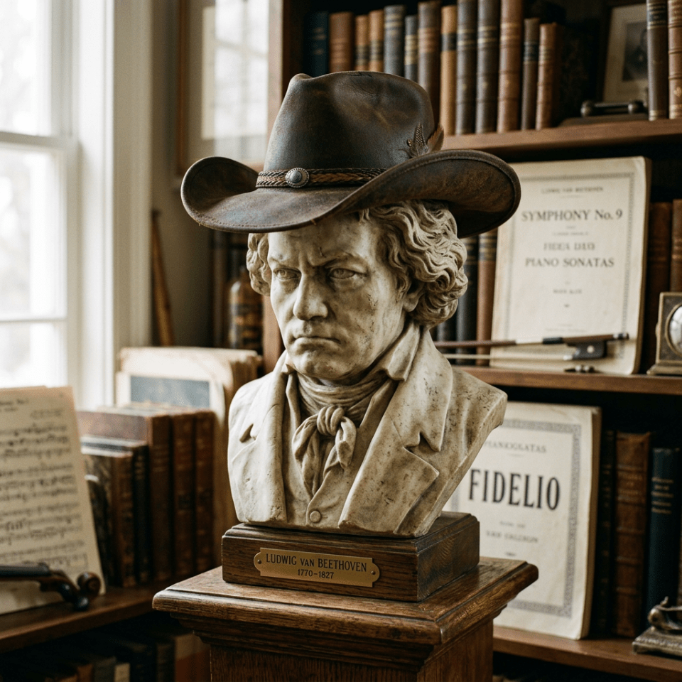 Bust of Ludwig van Beethoven wearing a cowboy hat